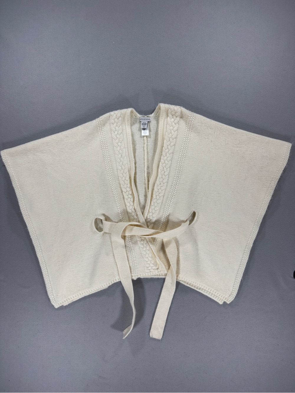 Cupcakes and Cashmere Cream Knit Wrap Poncho Cable Trim Tie Belt One Size